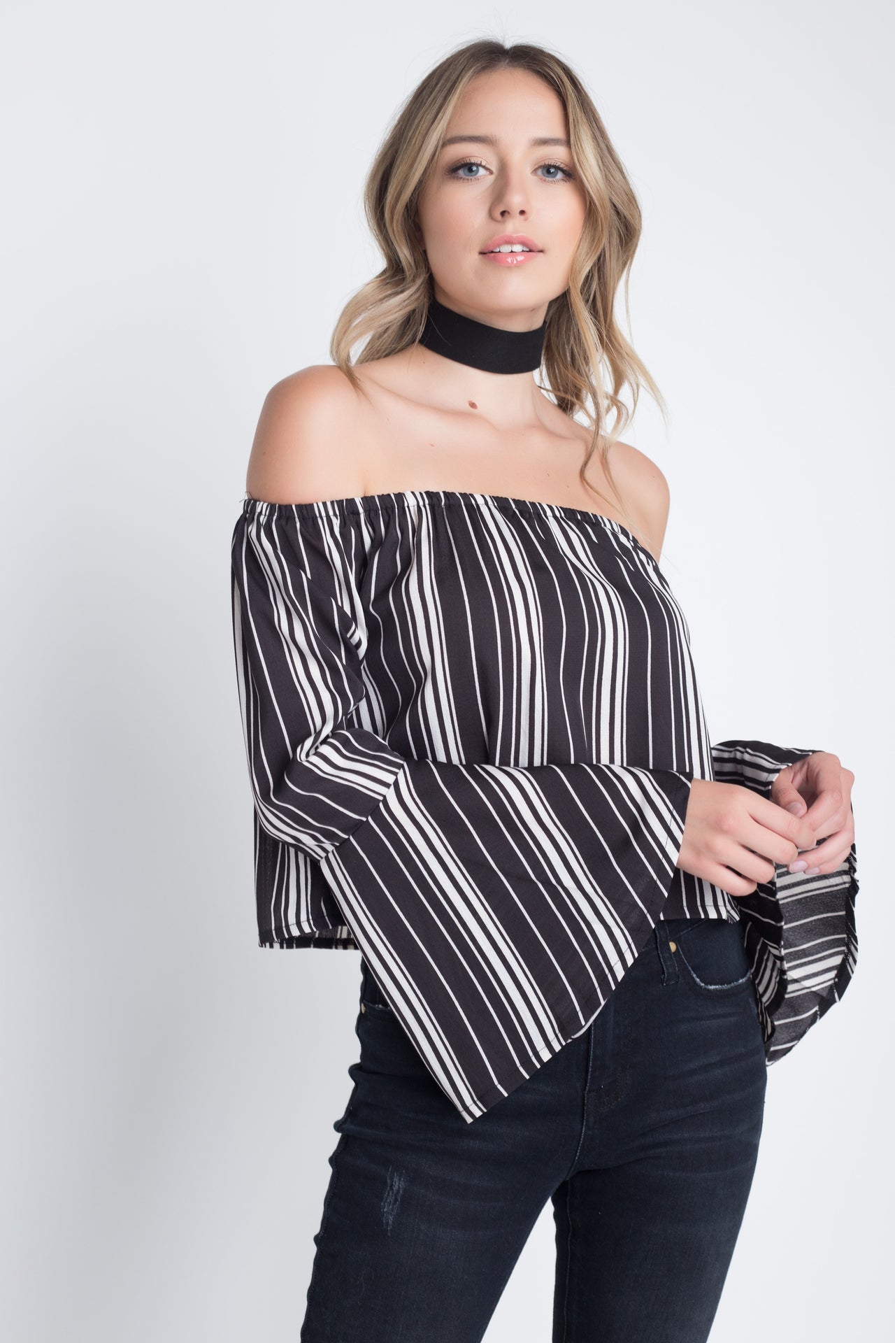 Women's Off Shoulder Casual Stripe Bell Sleeve Top