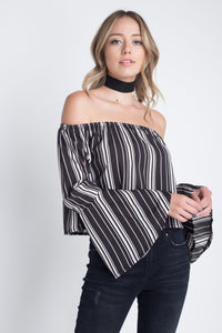 Thumbnail for Women's Off Shoulder Casual Stripe Bell Sleeve Top