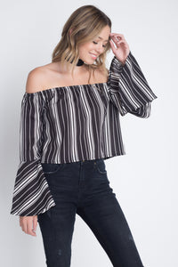 Thumbnail for Women's Off Shoulder Casual Stripe Bell Sleeve Top