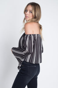 Thumbnail for Women's Off Shoulder Casual Stripe Bell Sleeve Top