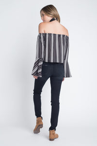 Thumbnail for Women's Off Shoulder Casual Stripe Bell Sleeve Top