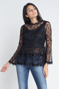 Thumbnail for Women's Semi Lace Zipper Back Flare Sleeve Blouse