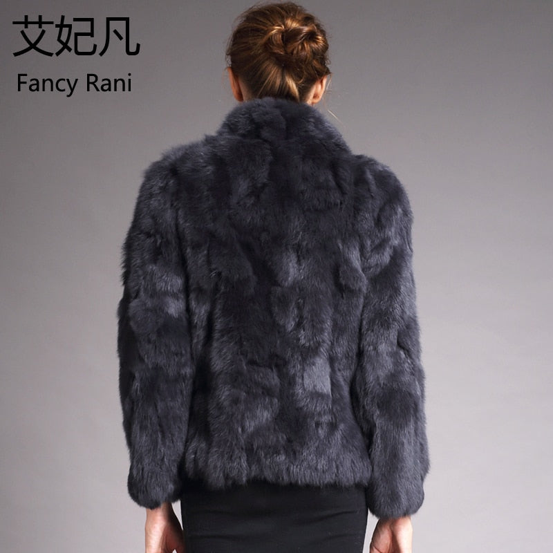 Women Genuine Rabbit Fur Coats Solid Female Stand Collar Rex Rabbit