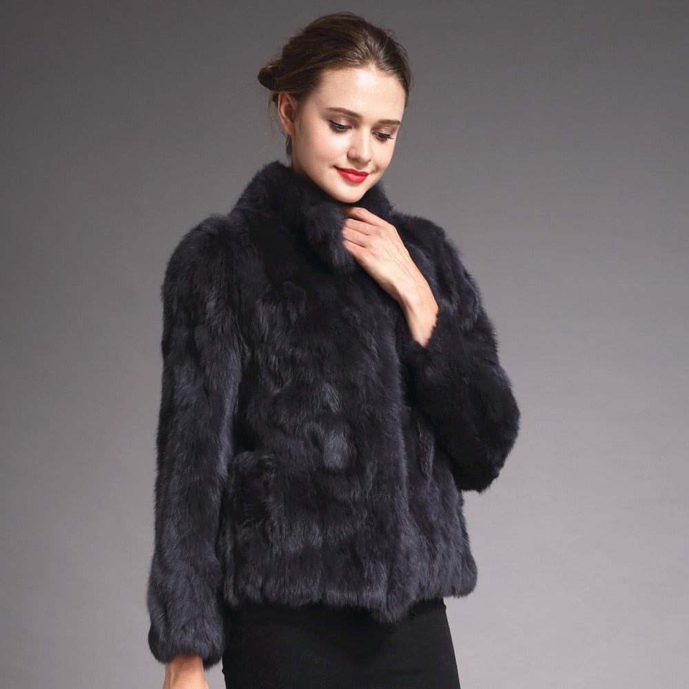 Women Genuine Rabbit Fur Coats Solid Female Stand Collar Rex Rabbit