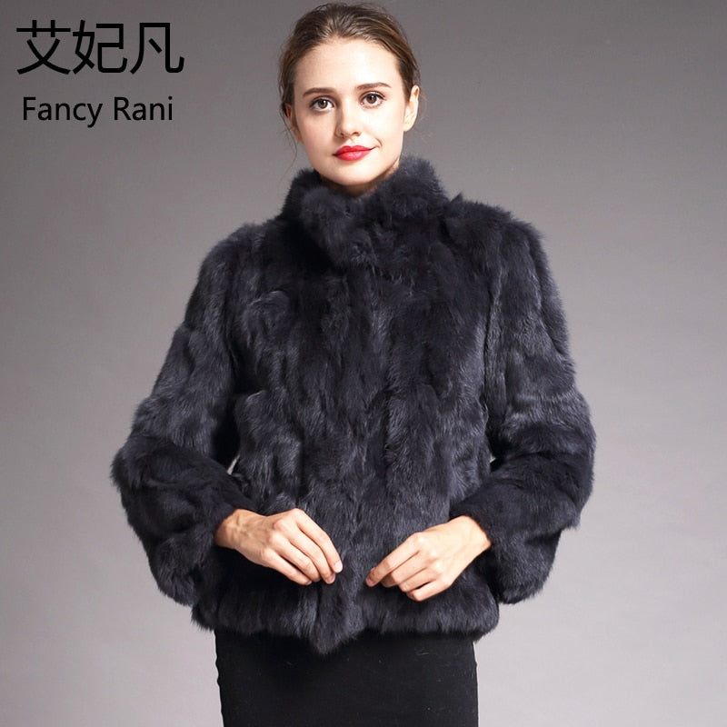 Women Genuine Rabbit Fur Coats Solid Female Stand Collar Rex Rabbit