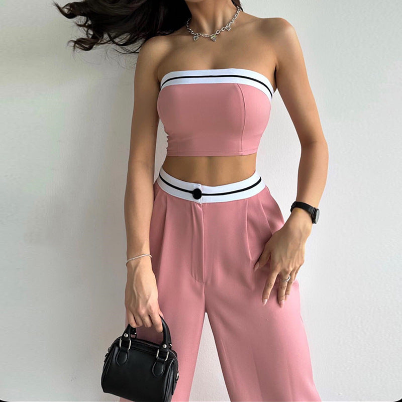 Women's Fashion Casual Exercise Vest Tube Top High Waist Wide Leg Pants Suit