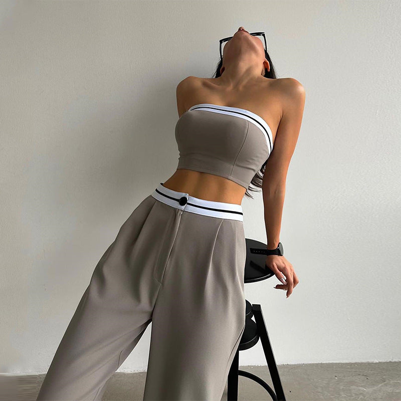 Women's Fashion Casual Exercise Vest Tube Top High Waist Wide Leg Pants Suit