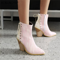 Thumbnail for Pink Blue Brown Faux Leather Cowboy Ankle Boots For Women Wedge High