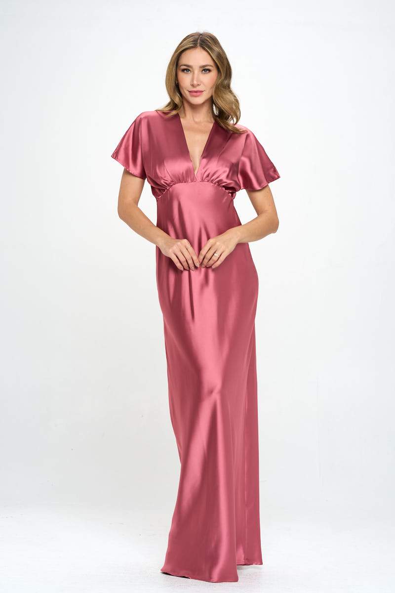 Satin Solid Deep V neck Formal Dress