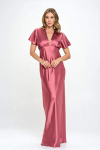 Thumbnail for Satin Solid Deep V neck Formal Dress