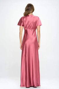 Thumbnail for Satin Solid Deep V neck Formal Dress