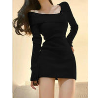 Thumbnail for Women's Long sleeved Dress One line Neck Knitted Wrapped Hip Dress