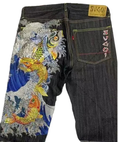 Japanese hip-hop Brocade carp printed jeans same style couple washed