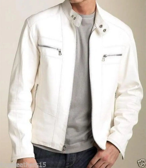 Men White Genuine Leather Jacket Slim Fit Biker Leather Coat Fashion