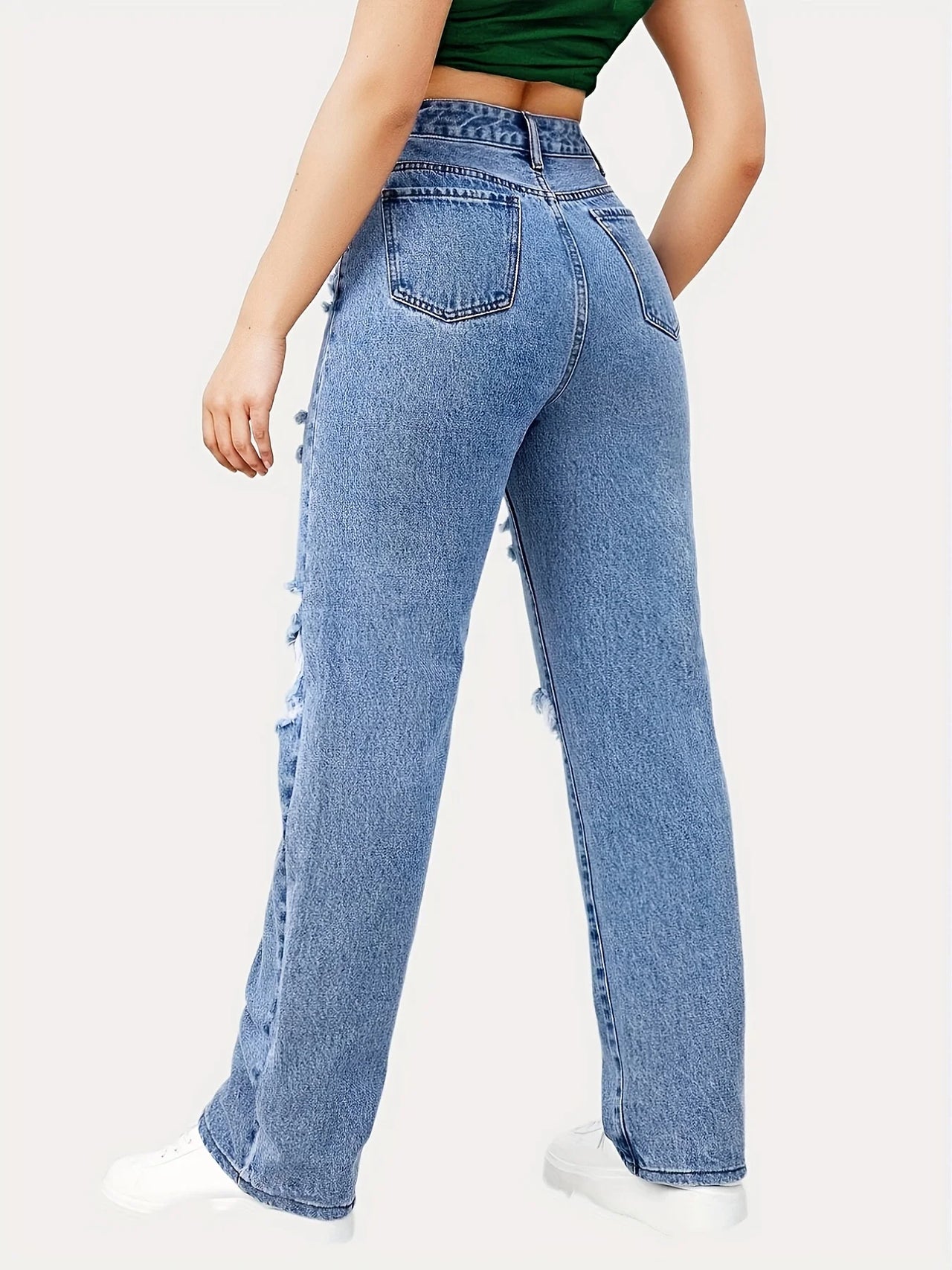 Blue Ripped Baggy Straight Jeans, Slash Pockets Distressed High Waist