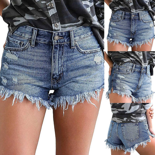 Women's High Waisted Denim Shorts Summer Pocket Ripped Hem Frayed