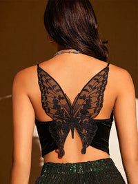 Thumbnail for Sexy Butterfly Embroidery Mesh Velvet Cami Top Women Club Solid V-neck