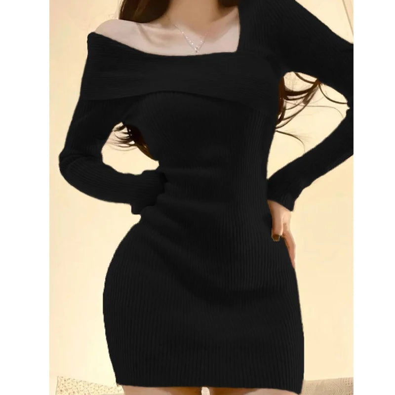 Women's Long sleeved Dress One line Neck Knitted Wrapped Hip Dress