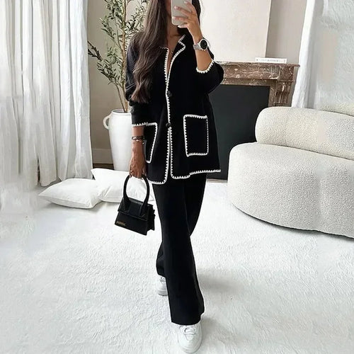 Women Elegant 2 Piece Set Contrast Color Patchwork Long Sleeve Jacket