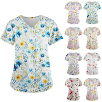 Thumbnail for Floral Print Scrubs Tops Pet Grooming Uniforms Short Sleeve V Neck