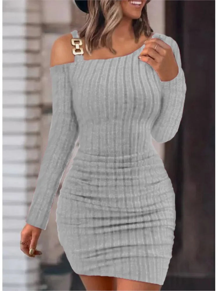 Sexy Chain Off Shoulder Mini Dress Women Autumn Fashion Bodycon Long