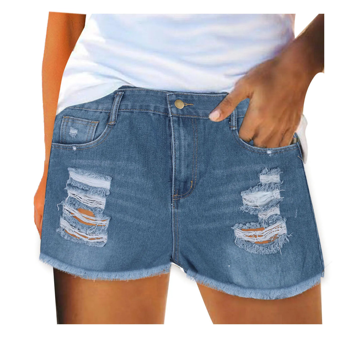 New Summer Women High Waist Button Straight Jeans Shorts Casual Female