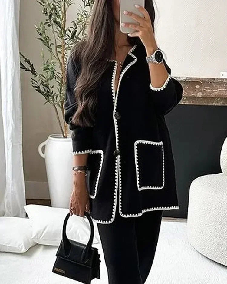 Women Elegant 2 Piece Set Contrast Color Patchwork Long Sleeve Jacket