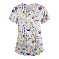 Thumbnail for Floral Print Scrubs Tops Pet Grooming Uniforms Short Sleeve V Neck