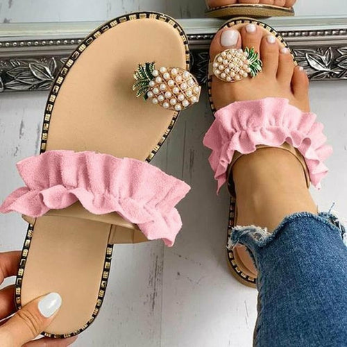 Pineapple Pearl Beach Slides Flat Toe Casual Womens Slippers