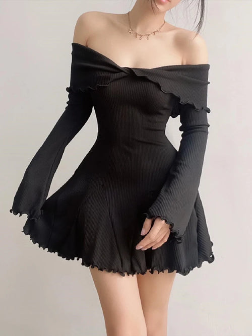 Autumn Black A-LINE Dress Women Streetwear Sexy Strapless Off Shoulder