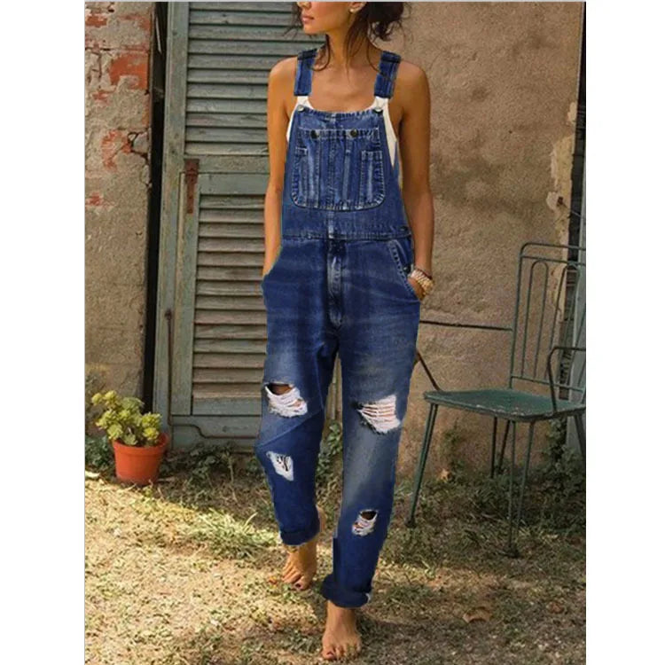 Fashion Women Denim Rompers for Streetwear Design Pockets Decor Ripped