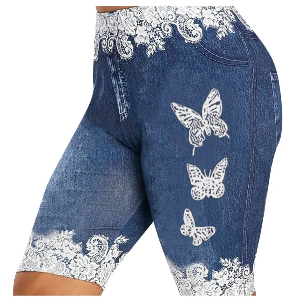 Faux Jeans Shorts Womens Butterfly Print Five-Point Pants Large Size