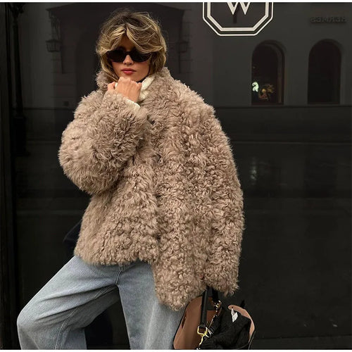 Women Fashion Warm Faux Fur Coat 2023 Winter Turn-down Collar Long