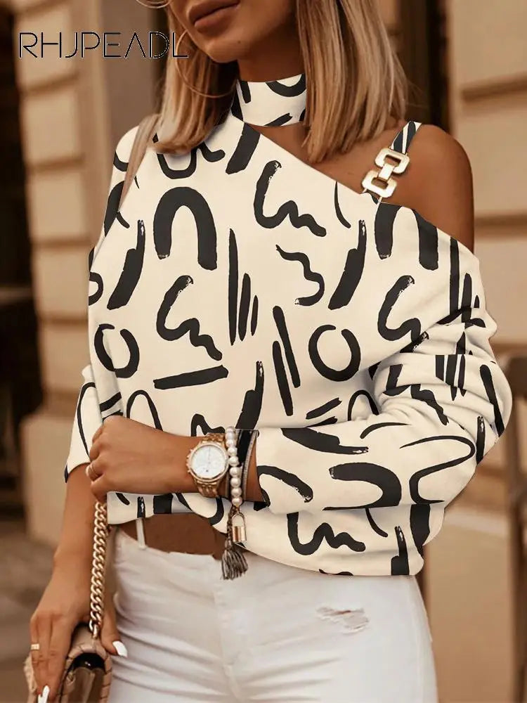 Sexy Off Shoulder Halter Neck Women Blouse Long Sleeve Fashion Print