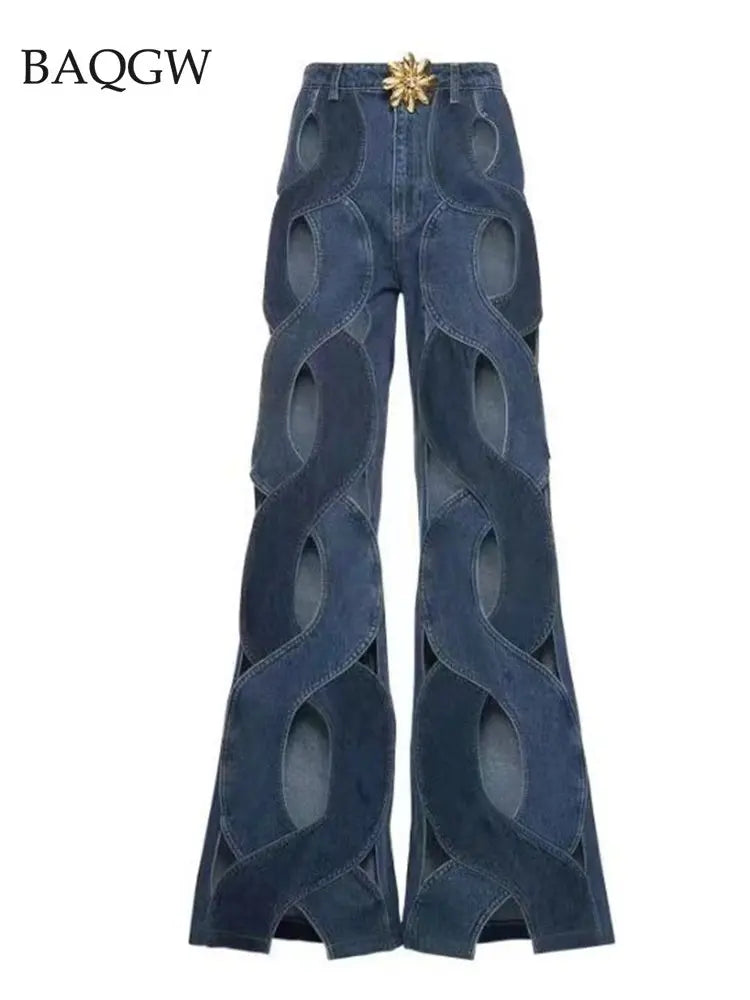 Fashion Hollow Out Cross Design Straight Flare Denim Pants Summer 2023