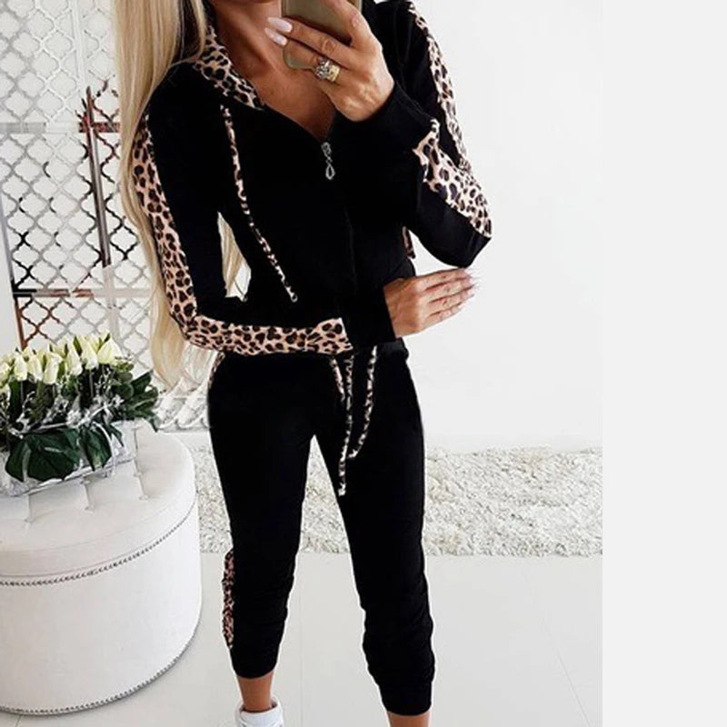 2Pcs Set Women Sport Tracksuit Zipper Hoodies Sweatshirt Pants Set