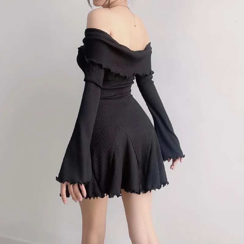 Autumn Black A-LINE Dress Women Streetwear Sexy Strapless Off Shoulder