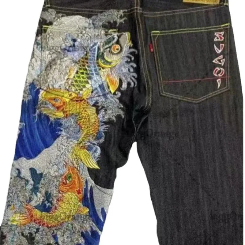 Japanese hip-hop Brocade carp printed jeans same style couple washed