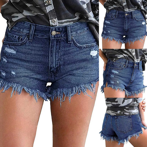 Women's High Waisted Denim Shorts Summer Pocket Ripped Hem Frayed