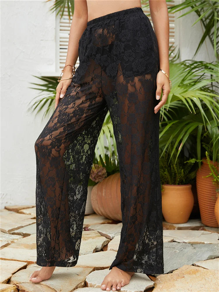 Women Fashion Beach Pants Lace Crochet Mesh See-through High Waist