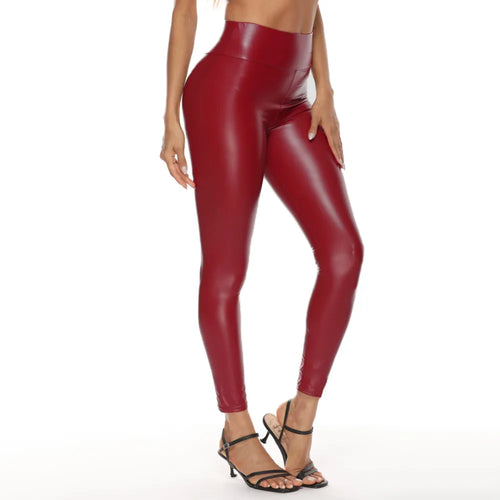 Colorful Faux Leather Pants Women High Waist Skinny Hip Lifting