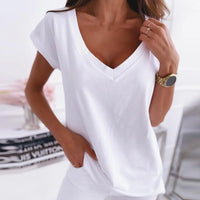 Thumbnail for V-Neck Women's Sexy T-shirts Short Sleeve Breathable Simple White Tops