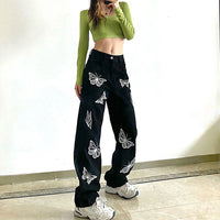 Thumbnail for White Butterfly Print Pants Fashion Harajuku Baggy Cargo Denim Jeans