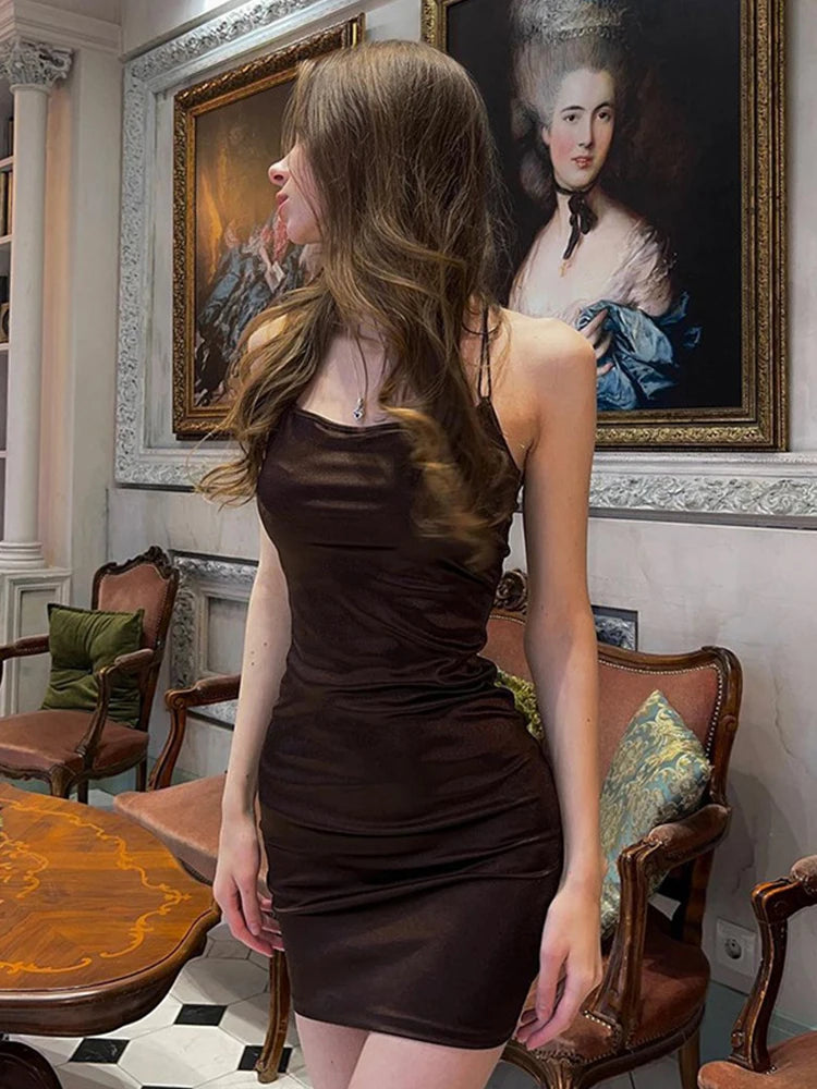 Sexy Satin Dress Brown Strapless Spaghetti Strap Backless Dresses