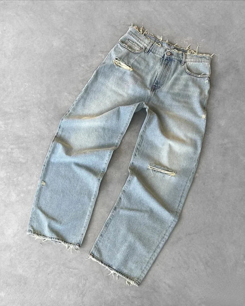 High Street Hip Hop Retro Blue Distressed Striped Denim Loose Pants