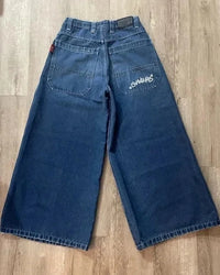 Thumbnail for JNCO Jeans Y2K Harajuku Hip Hop Poker Graphic Retro Blue Baggy Jeans