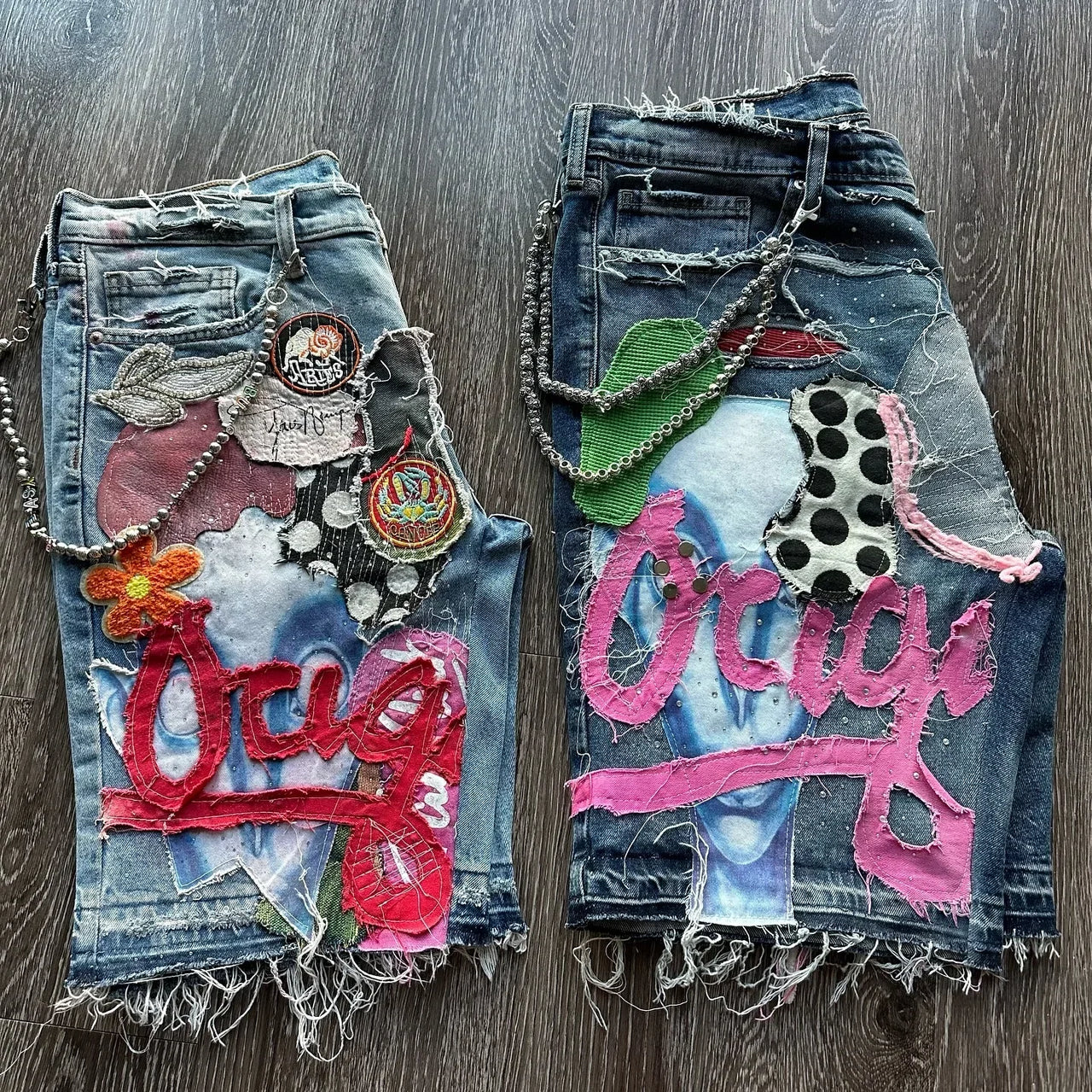 Y2K Retro Hip Hop Painted Patchwork Baggy Denim Shorts Fashion Street