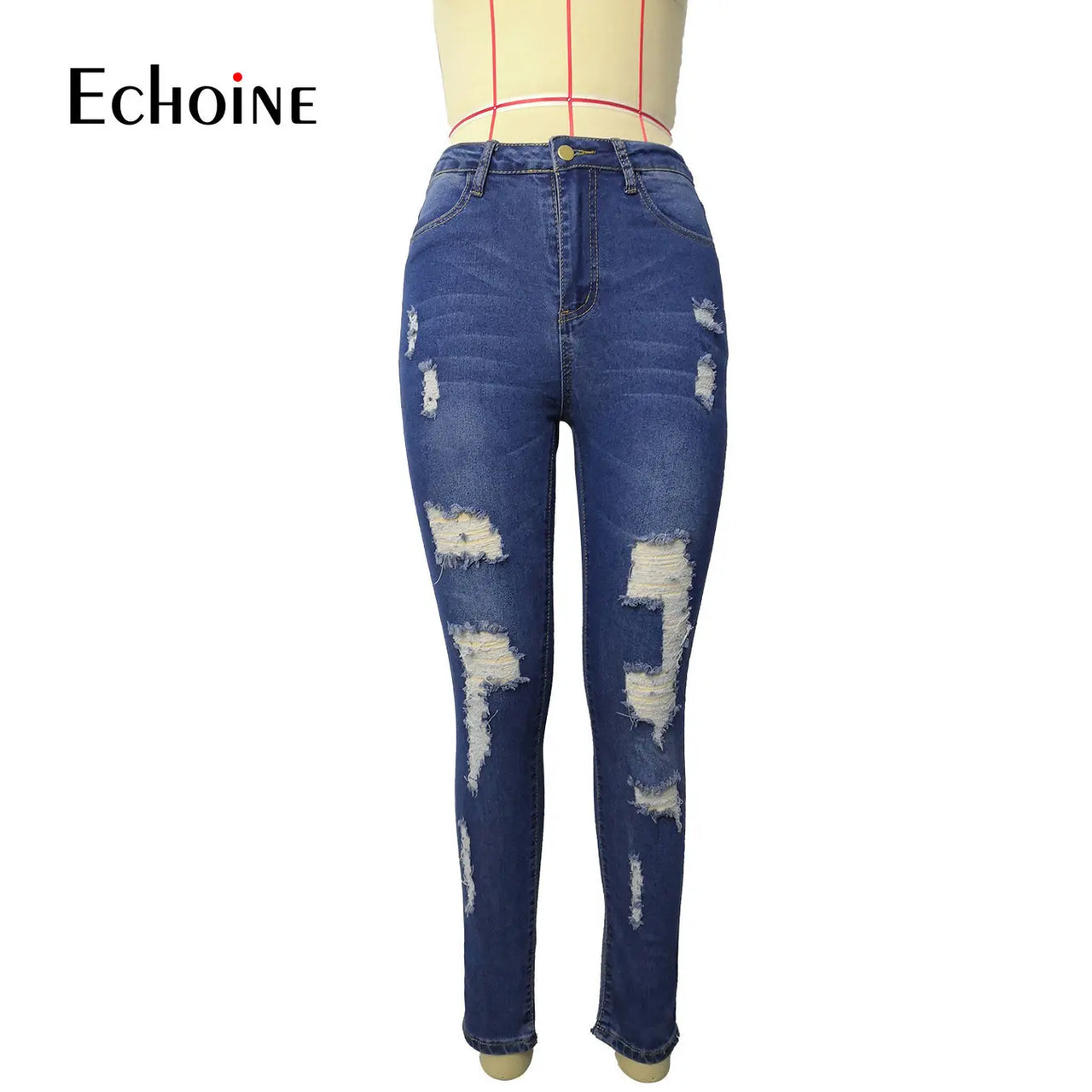 Echoine Spring Fashion Women Solid High Waist Skinny Pencil  Ripped