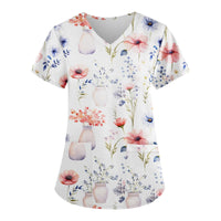 Thumbnail for Floral Print Scrubs Tops Pet Grooming Uniforms Short Sleeve V Neck