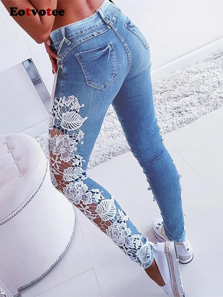 Eotvotee Lace Spliced Hollow Out Blue Jeans for Women 2023 New Fashion